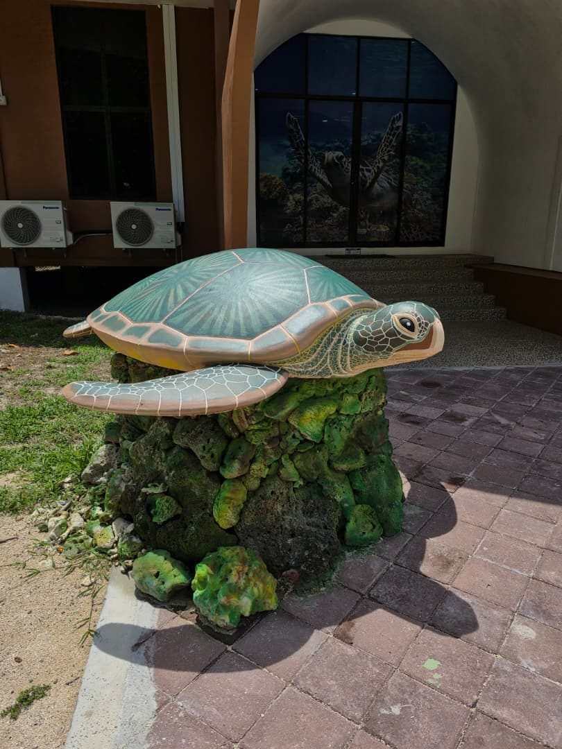 Green turtle statue at the Selingan Island visitor centre.